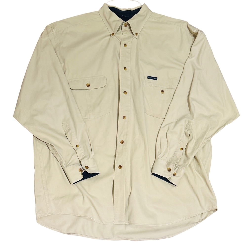 Vintage Woods & Gray Button Down Shirt Beige Cotton Twill Utility Men's Large - Picture 2 of 9